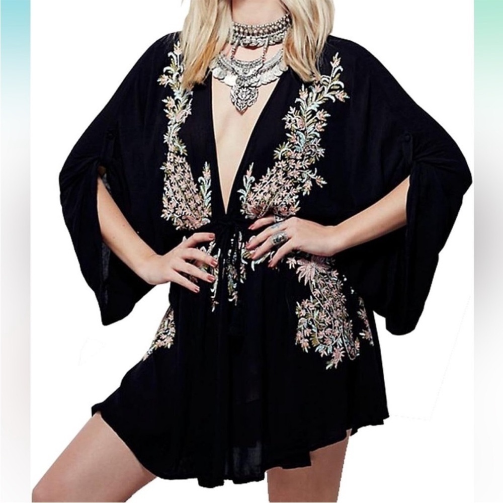 Free People Pretty Pineapple V Tunic Dress Embroidery  Drawstring S Hippie Boho